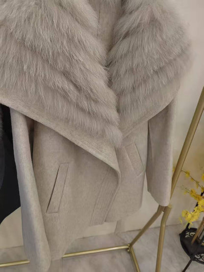 Womens Fox Fur Collar Cashmere Belted Coat