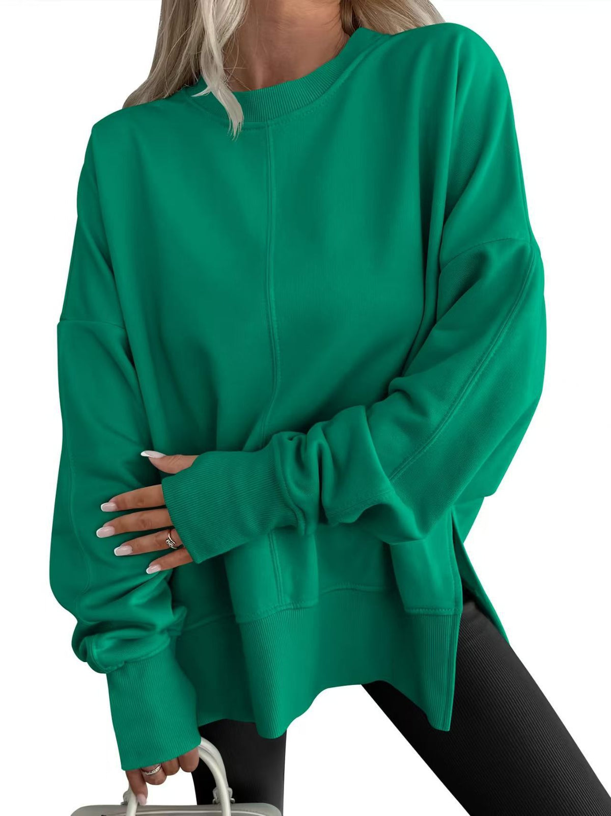 Womens Loose Bat Sleeve Side Slit Round Neck Fleece Lined Sweatshirt