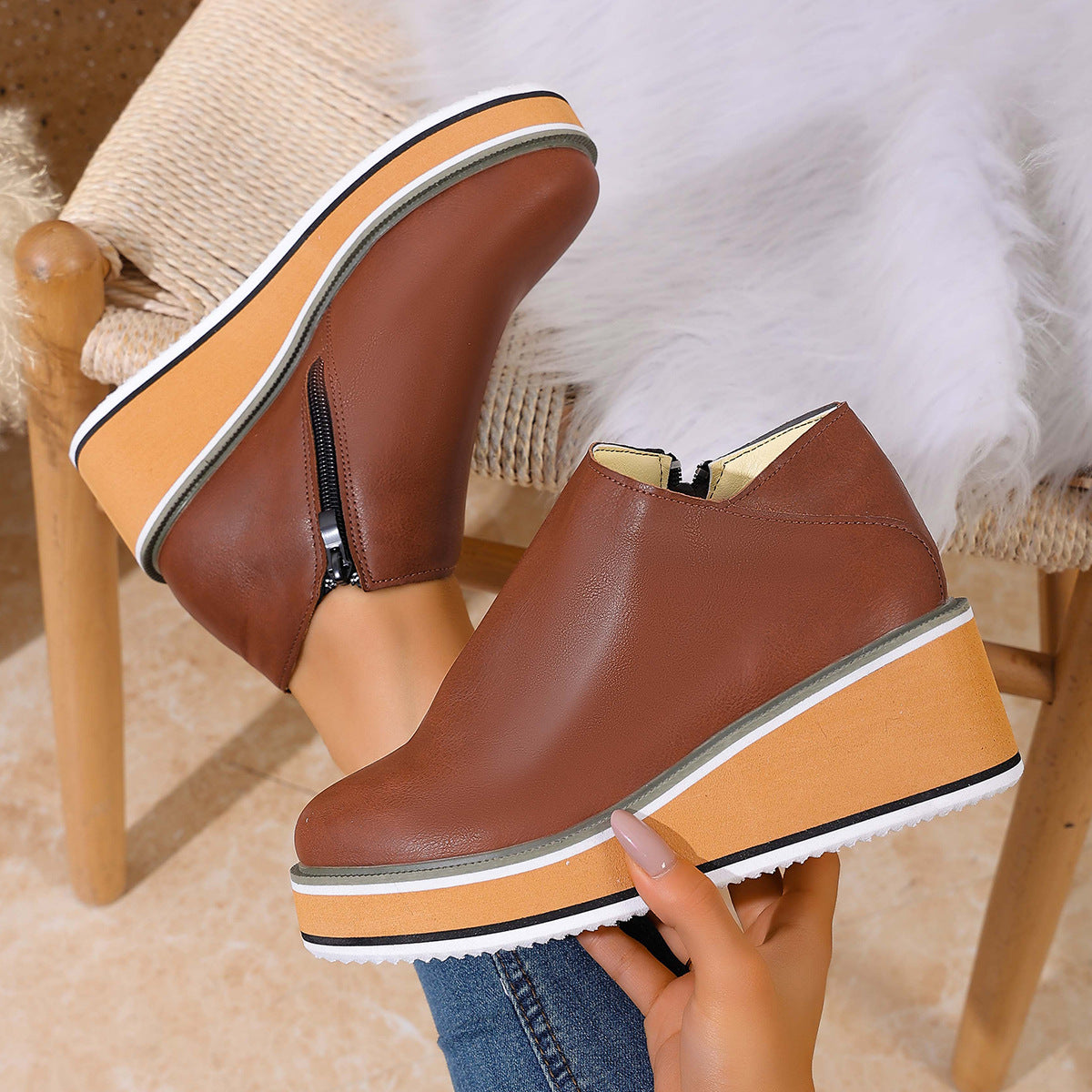 Womens Wedge Heel Ankle Boots Side Zipper Pointed Toe Comfortable Short Boots
