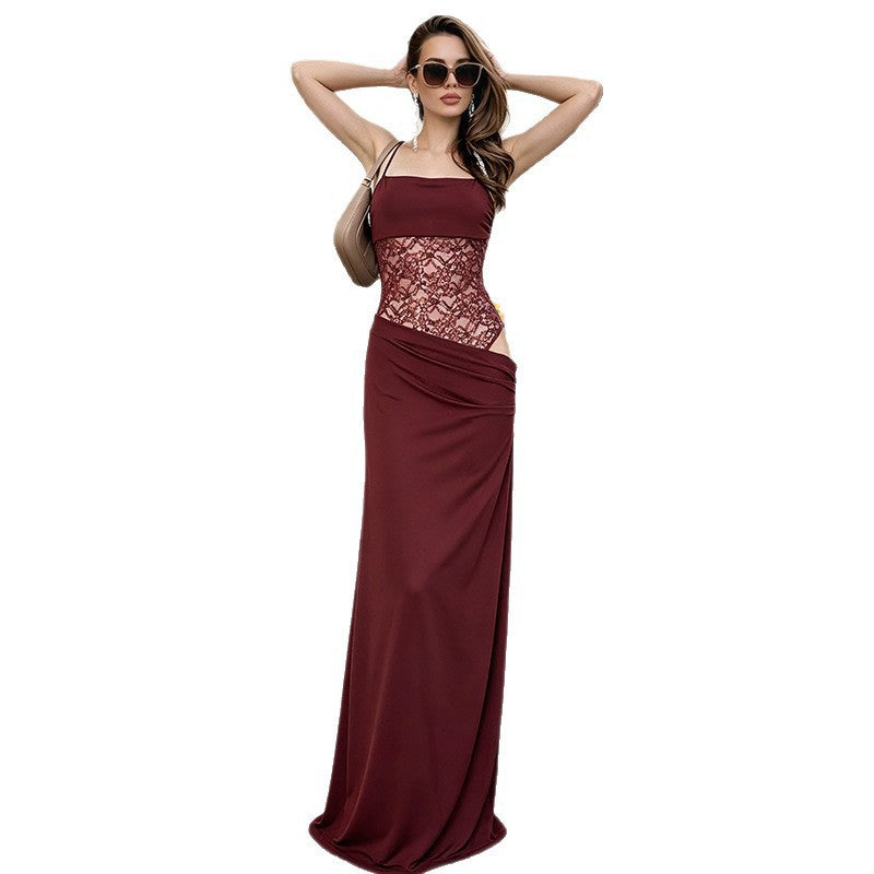 Women Summer Solid Color Lace Splicing Strap Dress