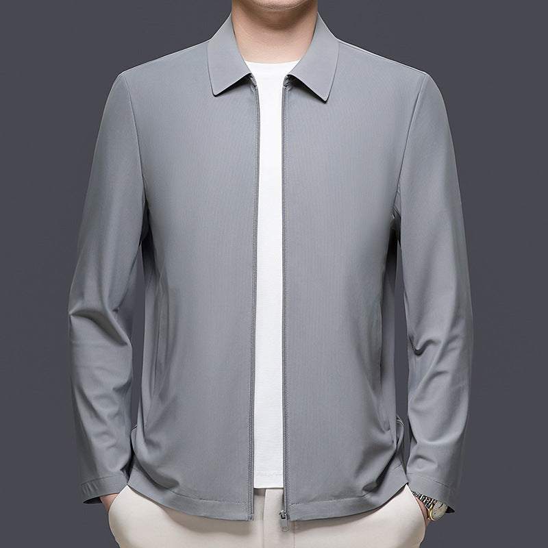 Mens versatile casual lapel jacket in dark gray with patch pockets for spring and autumn