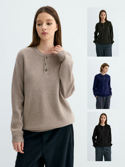 Ribbed Henley Collar Knit Sweater