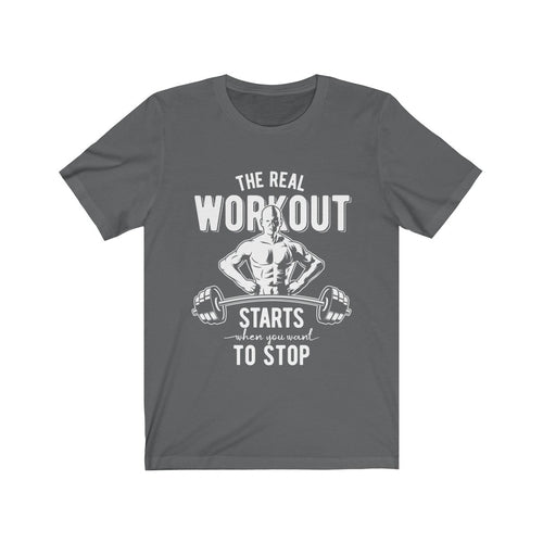 Unisex soft cotton t-shirt with The Real Workout vinyl print, retail fit, designed and printed in USA