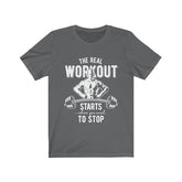Unisex soft cotton t-shirt with The Real Workout vinyl print, retail fit, designed and printed in USA