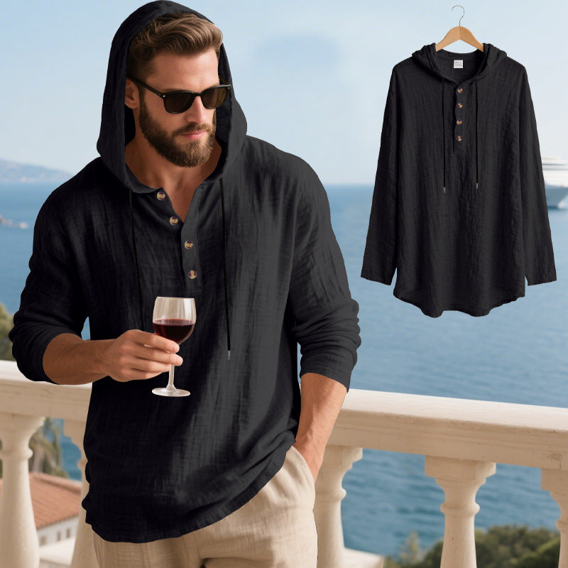 Mens Hooded Linen Long Sleeve T-Shirt