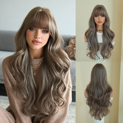 Long wavy hair with a natural topdoe of synthetic wig with a front fringe