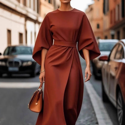 Womens Elegant Solid Color Waist-Cinching Batwing Sleeve Long Dress