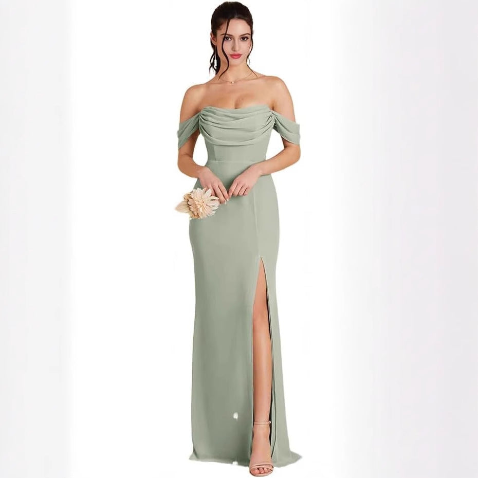 Convertible Off-Shoulder Long Evening Gown with Slit