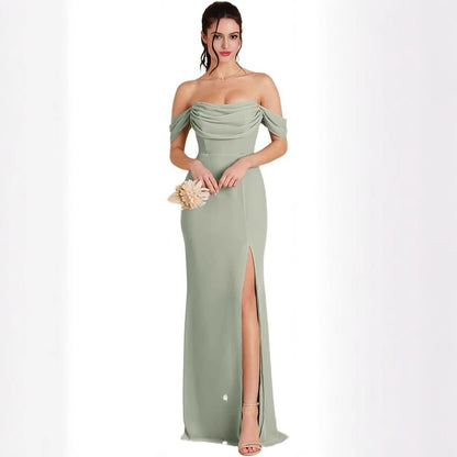 Convertible Off-Shoulder Long Evening Gown with Slit