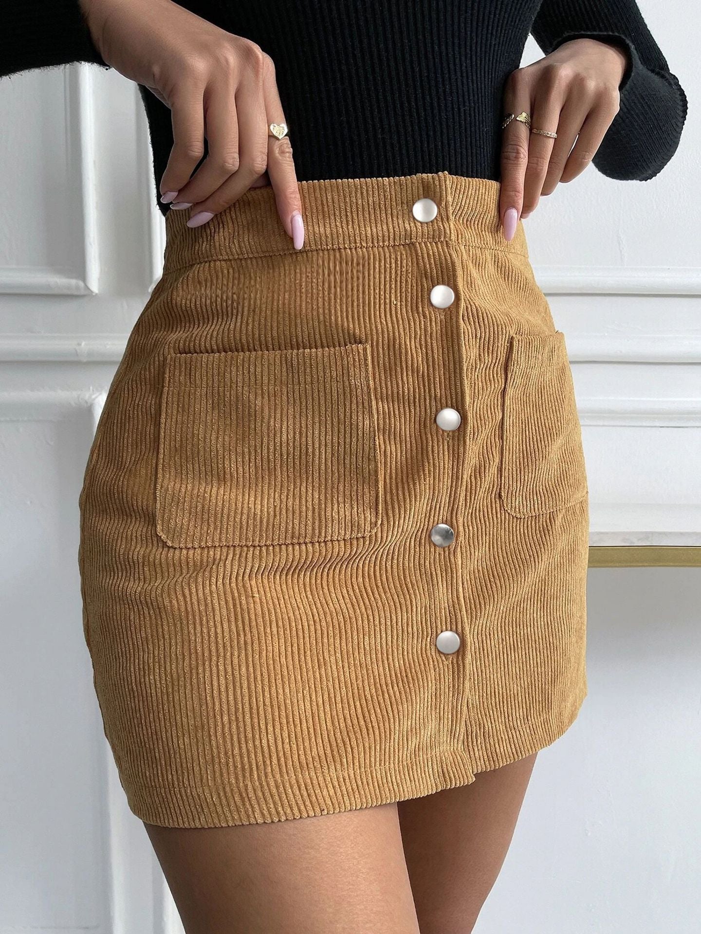 Damen Herbst Winter Cord Minirock Einreiher Schmaler Schnitt Uni Rock