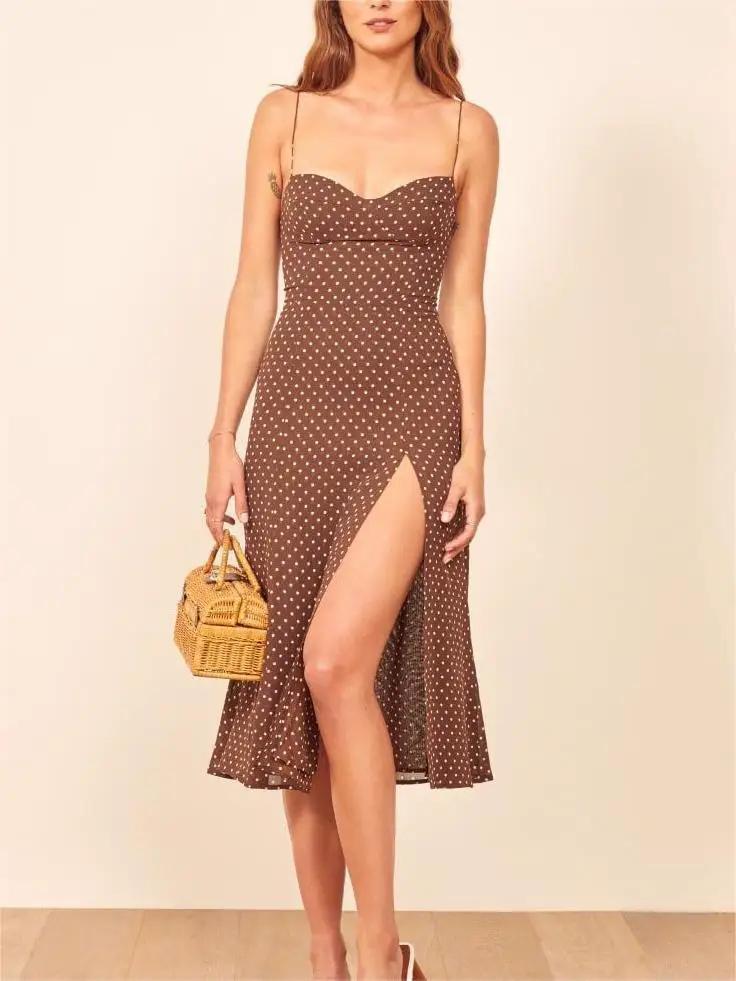 Early Spring Retro Dots High Waist Sexy Side Split Lower Hem Lace Strap Dress Large Swing Dress by Wanita Store