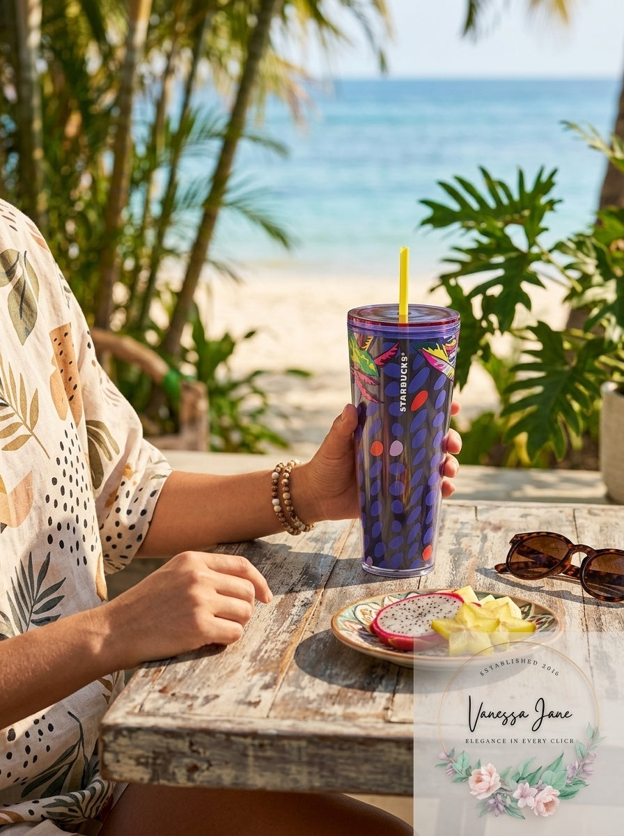 Starbucks Floral &amp; Leaves Purple Plastic Tropical Cold Cup 24Oz