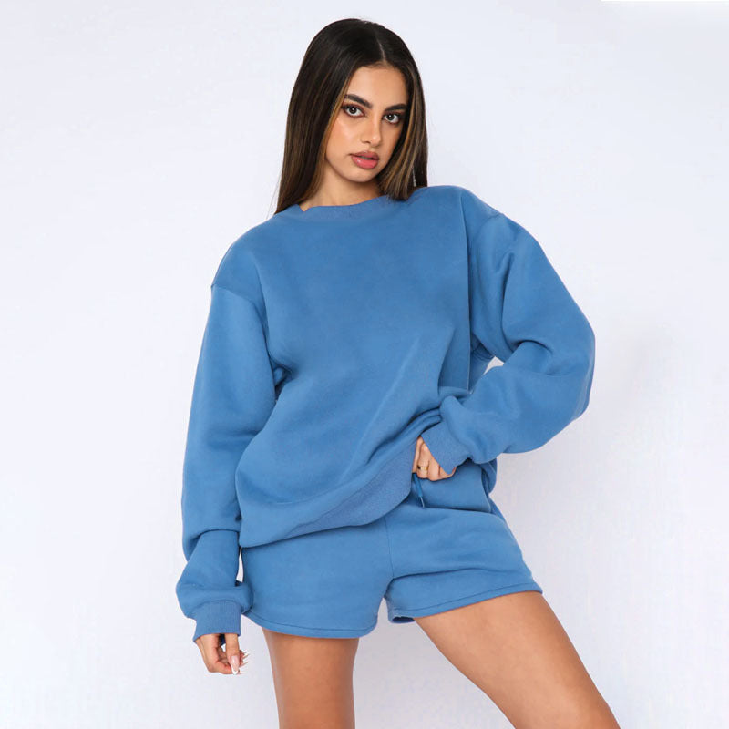 Baumwolle Herbst Winter Einfarbig Rundhals Pullover Langarm Sweater Damen Lässiges Shorts Set