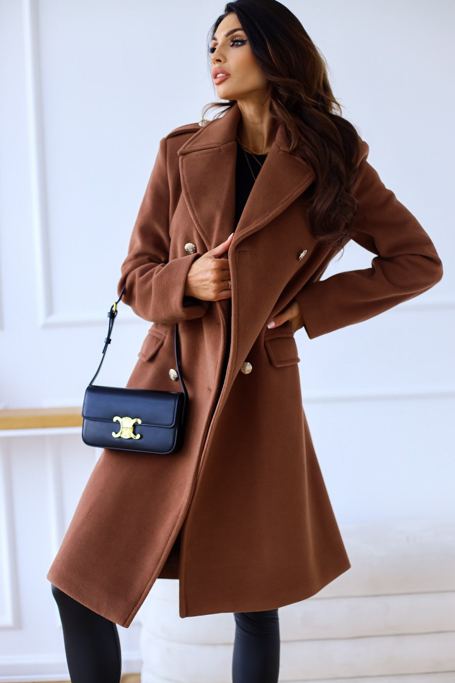 Herbst Winter Einfacher Langarm-Mantel mit Kragen, zweireihig, aus Wolle, Damenbekleidung