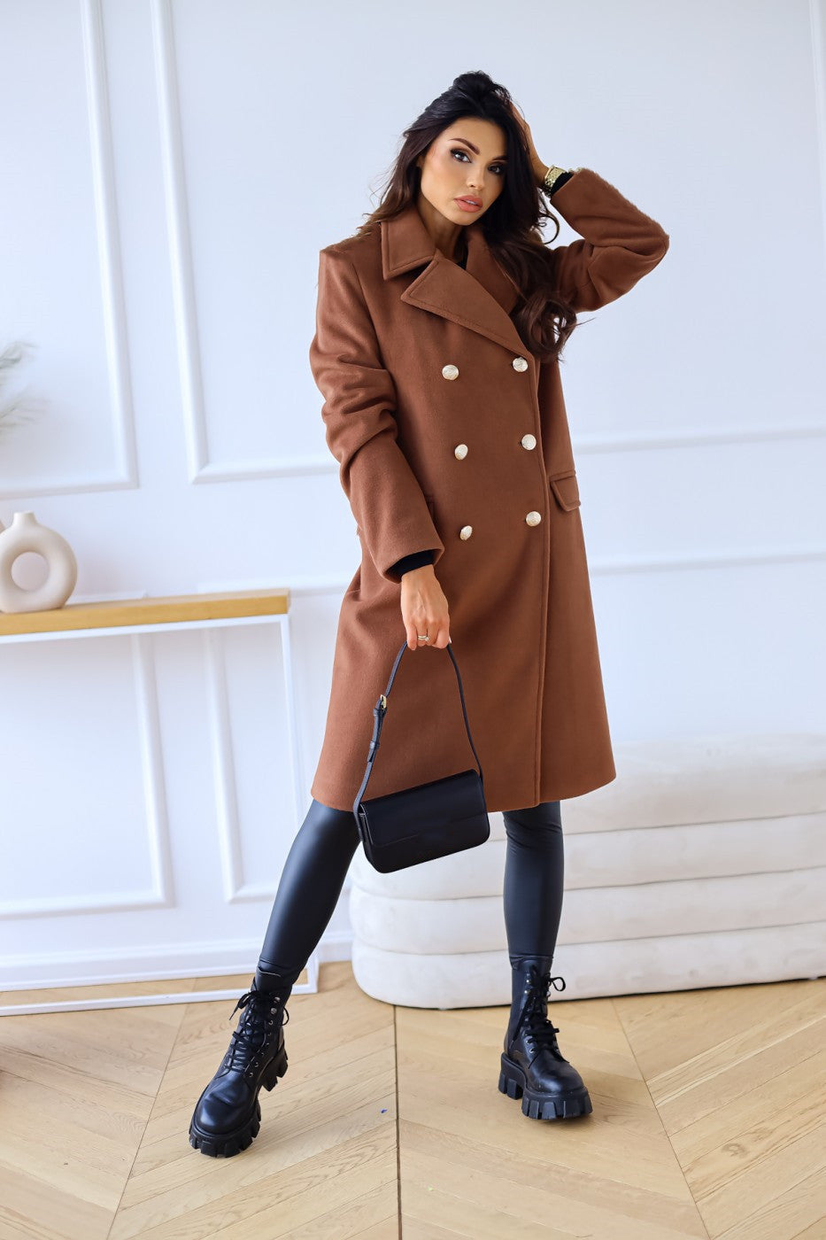 Herbst Winter Einfacher Langarm-Mantel mit Kragen, zweireihig, aus Wolle, Damenbekleidung