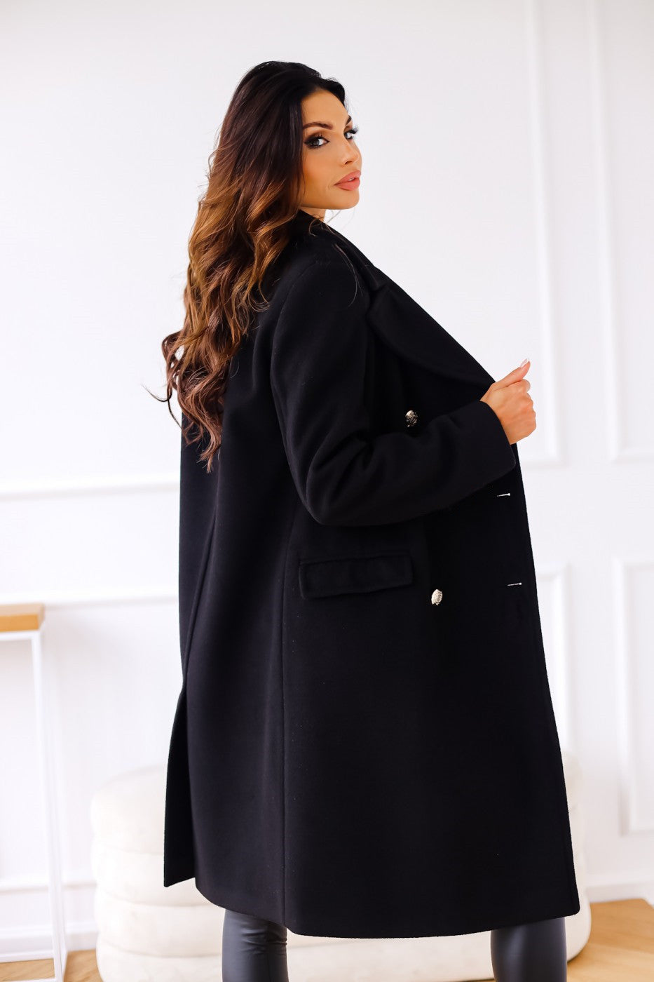 Herbst Winter Einfacher Langarm-Mantel mit Kragen, zweireihig, aus Wolle, Damenbekleidung