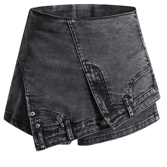 Personality Street Denim Stitching Shorts Herbst High Waist Irregular Asymmetric Washed Used Jeans Damen