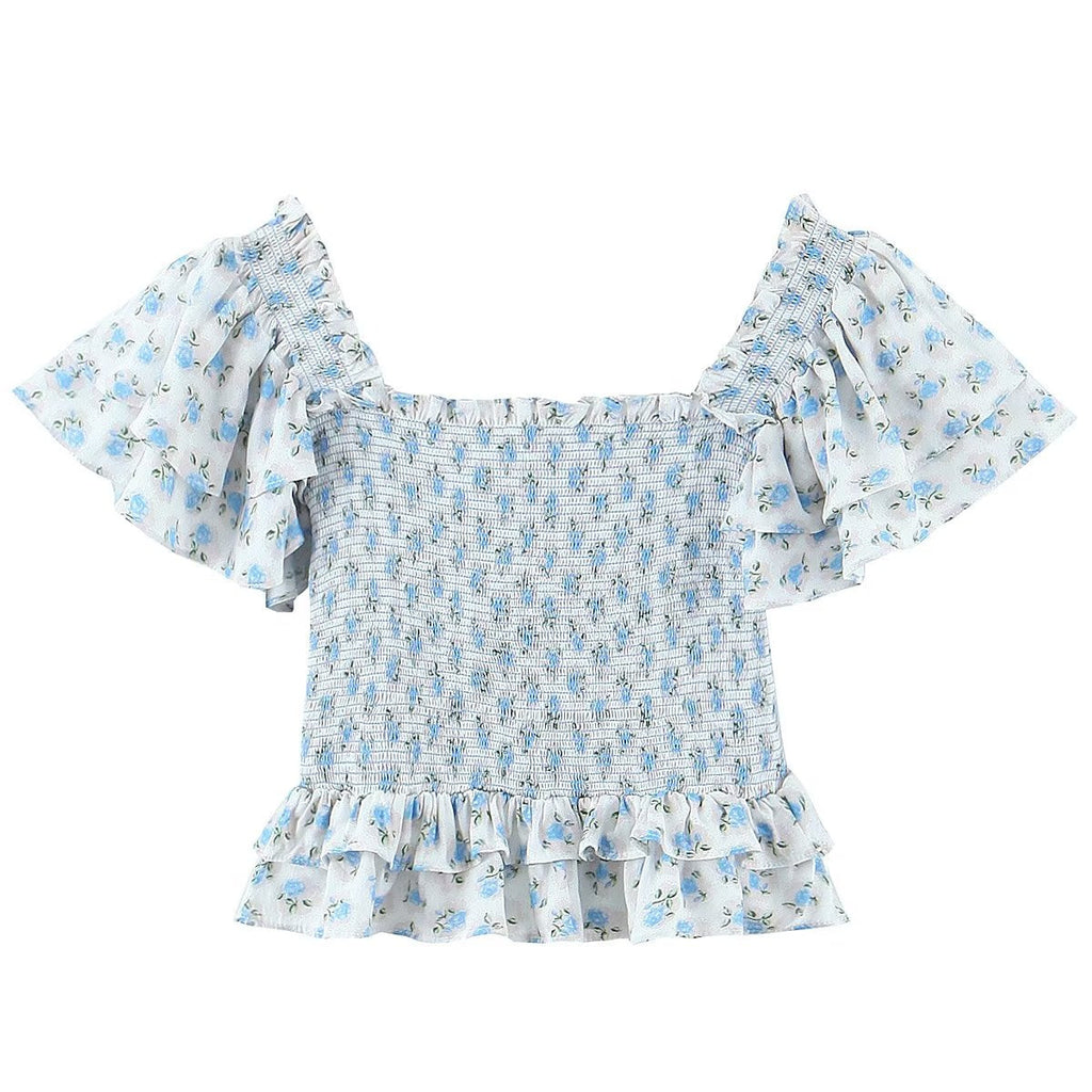 Frühlingsmode Damen Elastisches Smocking Slim Square Collar Zweiteiliges Rock-Set