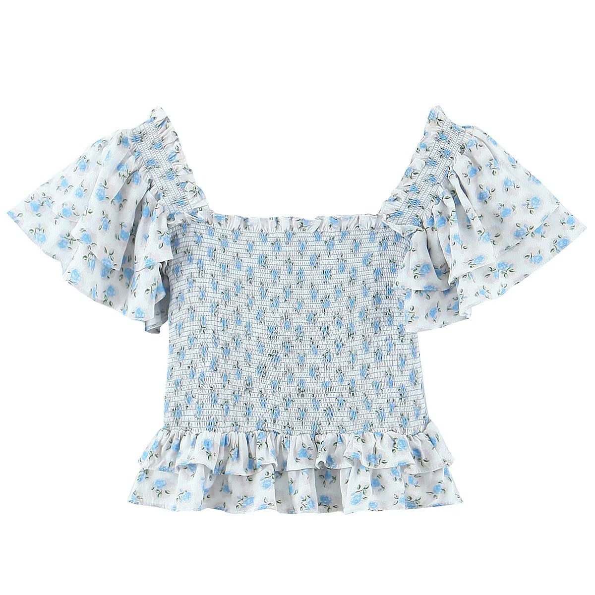 Frühlingsmode Damen Elastisches Smocking Slim Square Collar Zweiteiliges Rock-Set