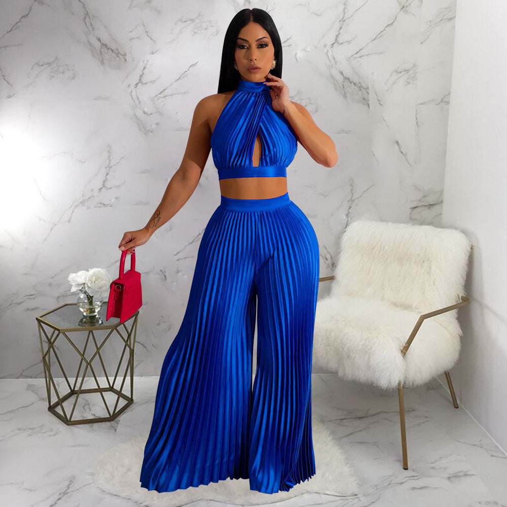 Women Clothing Halter Backless Artificial Silk Pleated Wide Leg Pants Two Piece Set