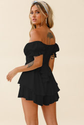 Einfarbige Mode Sexy schulterfreier Laternen-Rüschenärmel Lässiger Sommer Damen Jumpsuit Kurz