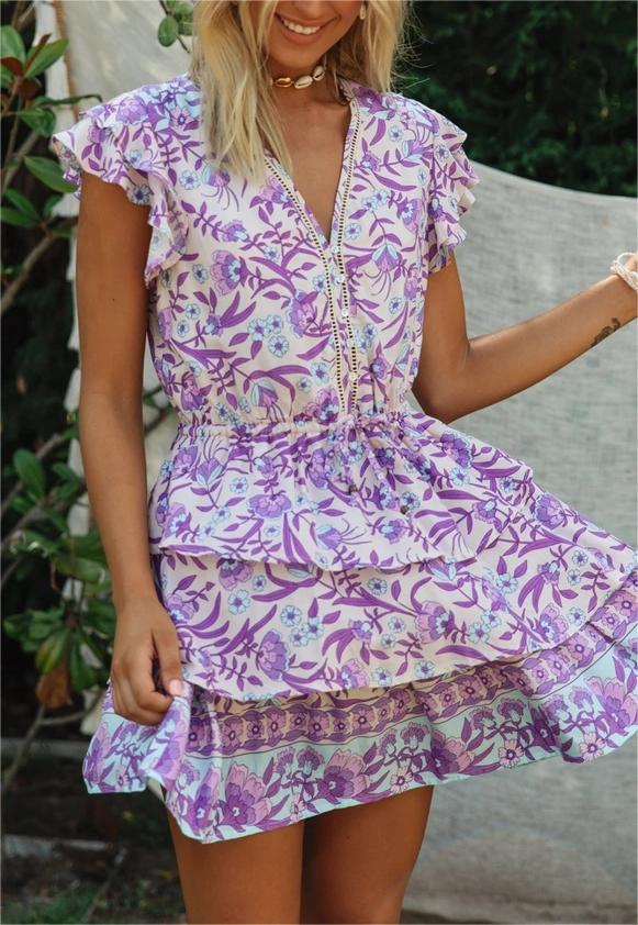 Herbst Winter Damenbekleidung Kurzarm Rüschenärmel Bedrucktes Kleid