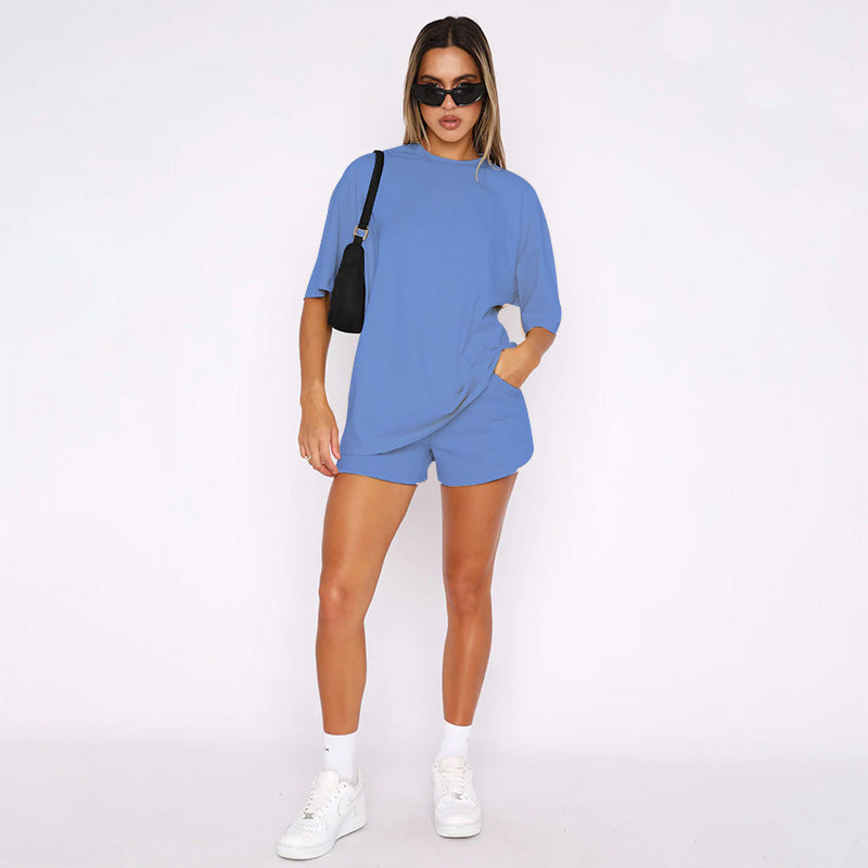 Einfarbig Rundhals Kurzarm Pullover Top Damen Kleidung Freizeit Shorts Anzug Sommer