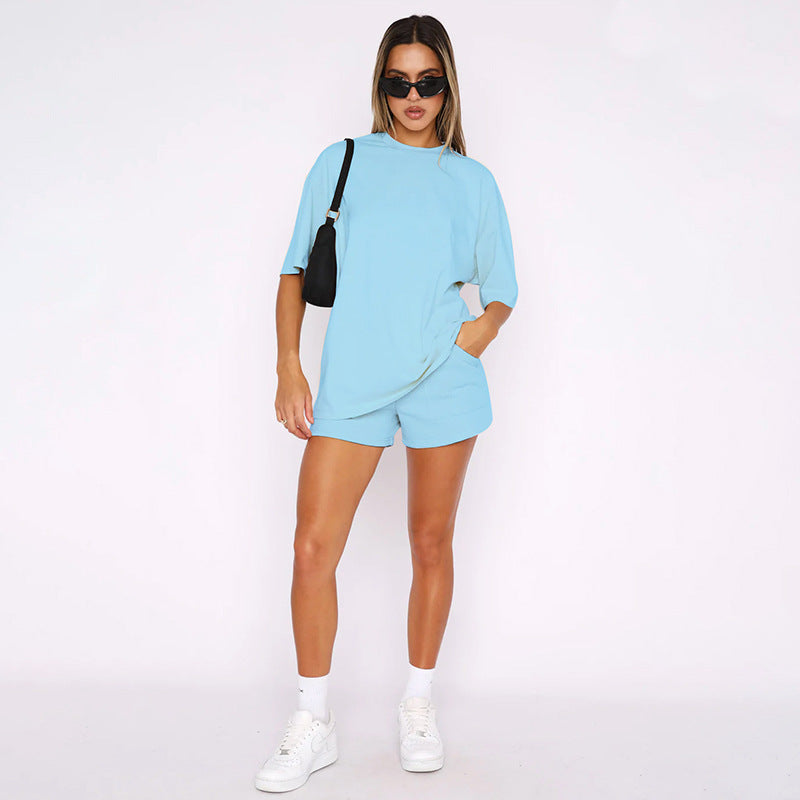 Einfarbig Rundhals Kurzarm Pullover Top Damen Kleidung Freizeit Shorts Anzug Sommer