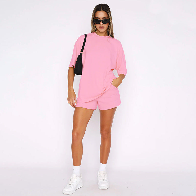 Einfarbig Rundhals Kurzarm Pullover Top Damen Kleidung Freizeit Shorts Anzug Sommer