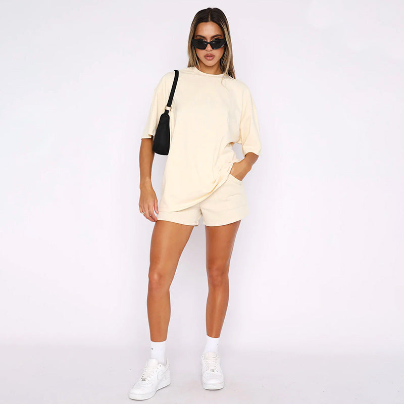 Einfarbig Rundhals Kurzarm Pullover Top Damen Kleidung Freizeit Shorts Anzug Sommer