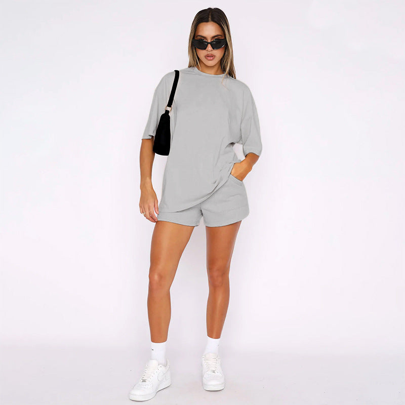 Einfarbig Rundhals Kurzarm Pullover Top Damen Kleidung Freizeit Shorts Anzug Sommer