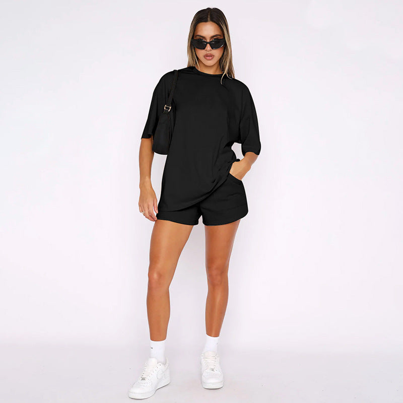 Einfarbig Rundhals Kurzarm Pullover Top Damen Kleidung Freizeit Shorts Anzug Sommer