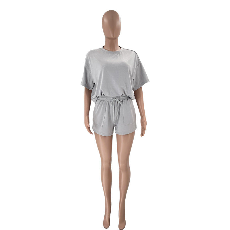 Einfarbig Rundhals Kurzarm Pullover Top Damen Kleidung Freizeit Shorts Anzug Sommer