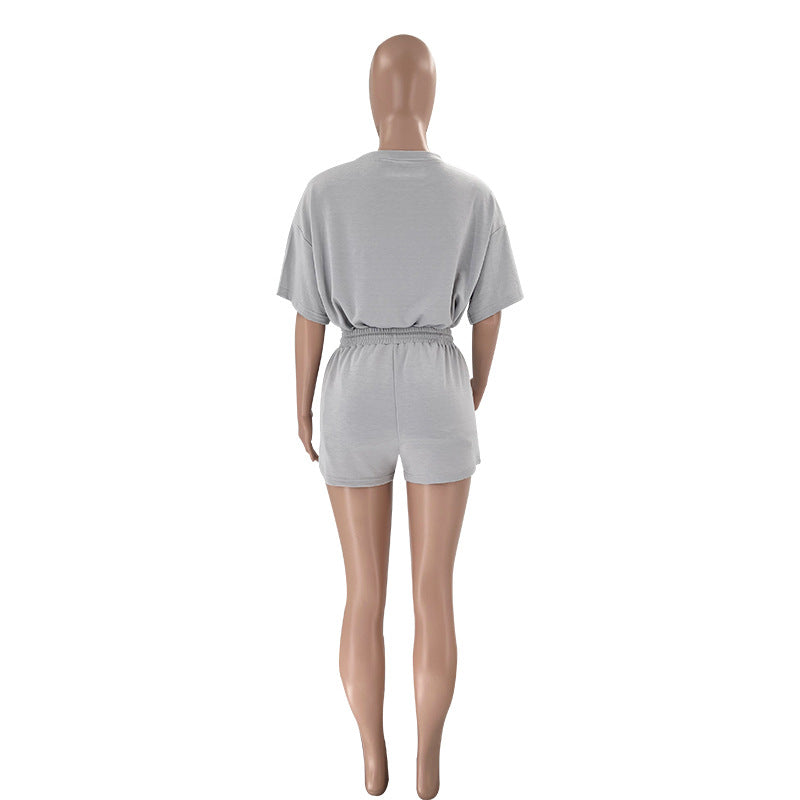 Einfarbig Rundhals Kurzarm Pullover Top Damen Kleidung Freizeit Shorts Anzug Sommer