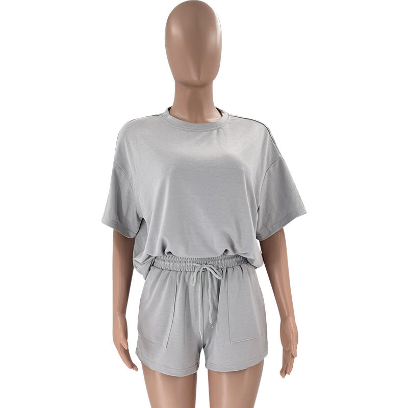Einfarbig Rundhals Kurzarm Pullover Top Damen Kleidung Freizeit Shorts Anzug Sommer