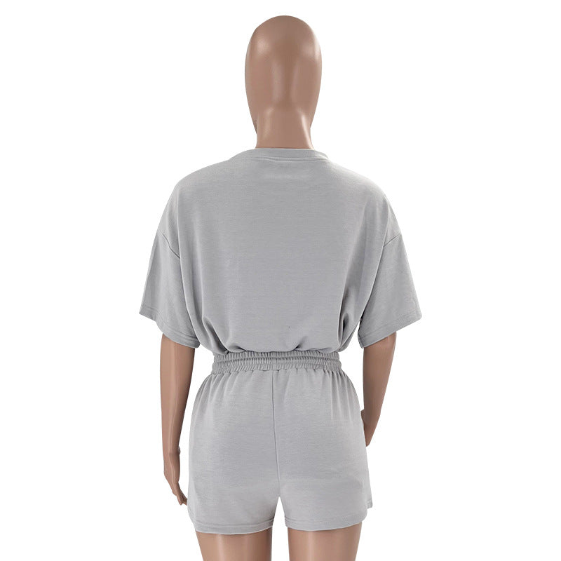 Einfarbig Rundhals Kurzarm Pullover Top Damen Kleidung Freizeit Shorts Anzug Sommer