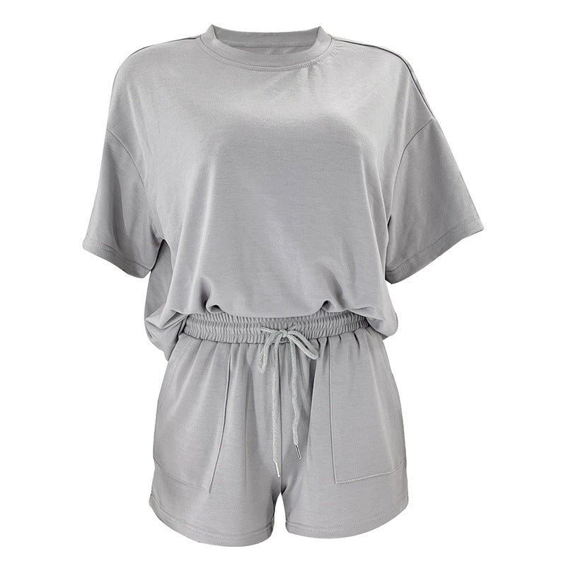 Einfarbig Rundhals Kurzarm Pullover Top Damen Kleidung Freizeit Shorts Anzug Sommer