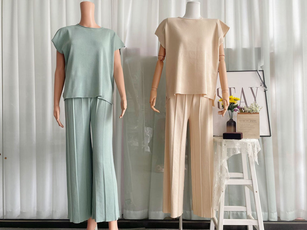 Lässiger Damen Sommer Einfarbig Ärmellos Weste Pullover Weite Hose Eisseide Sets