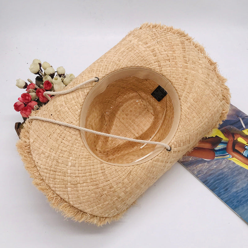 Modischer Fransensaum-Cowboyhut mit breiter Krempe Raffia-Stroh-Flanellhut Sonnenfester Strohhut für das Meer in Unifarben