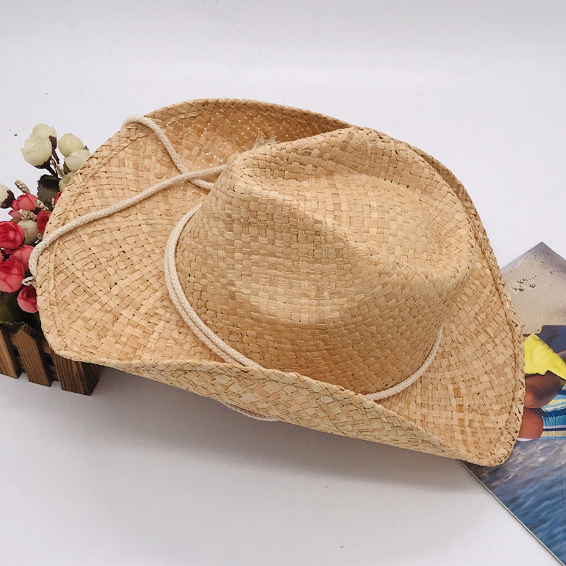 Modischer Fransensaum-Cowboyhut mit breiter Krempe Raffia-Stroh-Flanellhut Sonnenfester Strohhut für das Meer in Unifarben