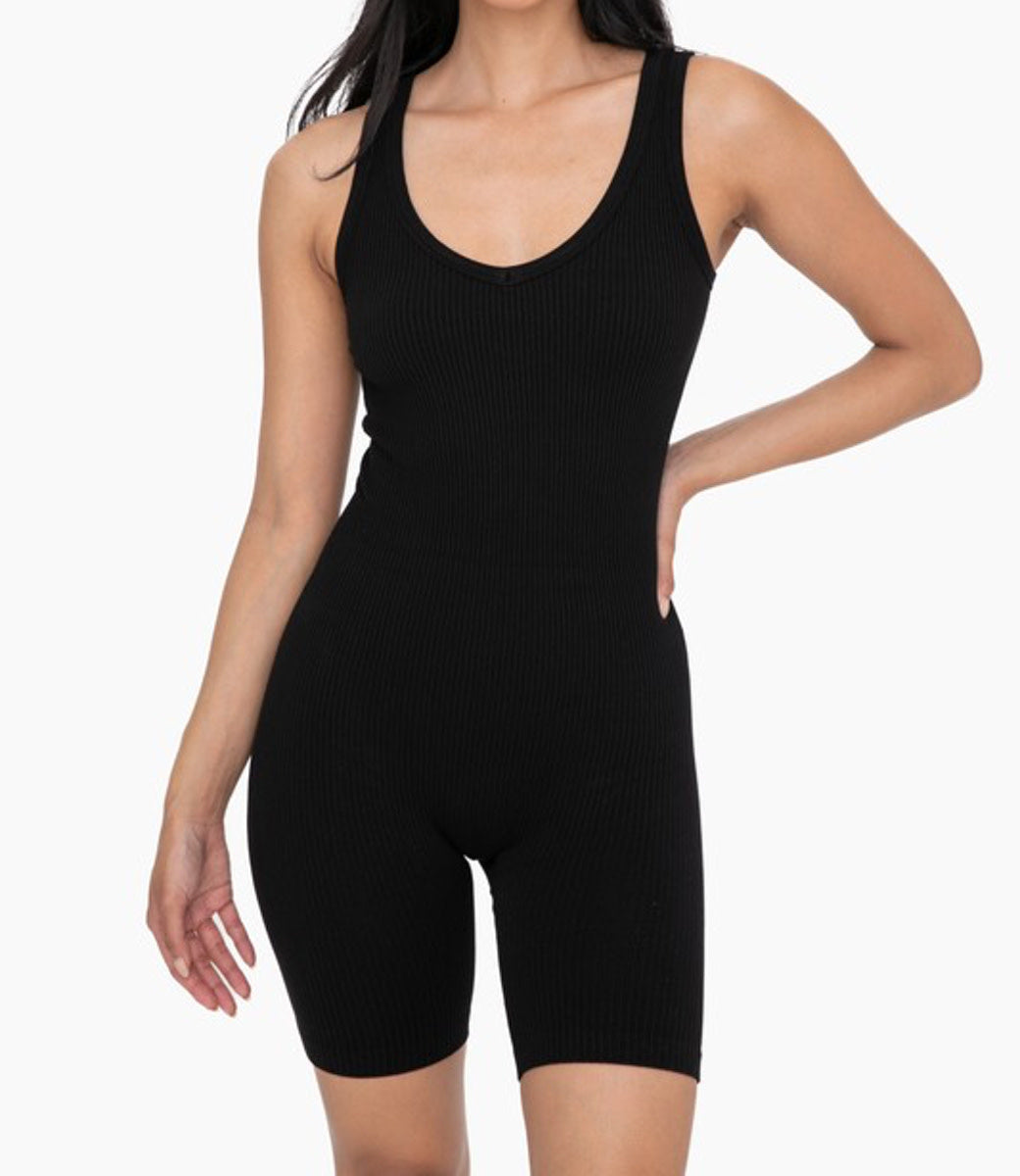 Ribbed Seamless Shortsie Romper - Black