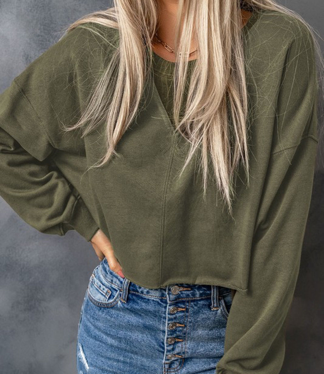 Drop Shoulder Cropped Sweater - Green