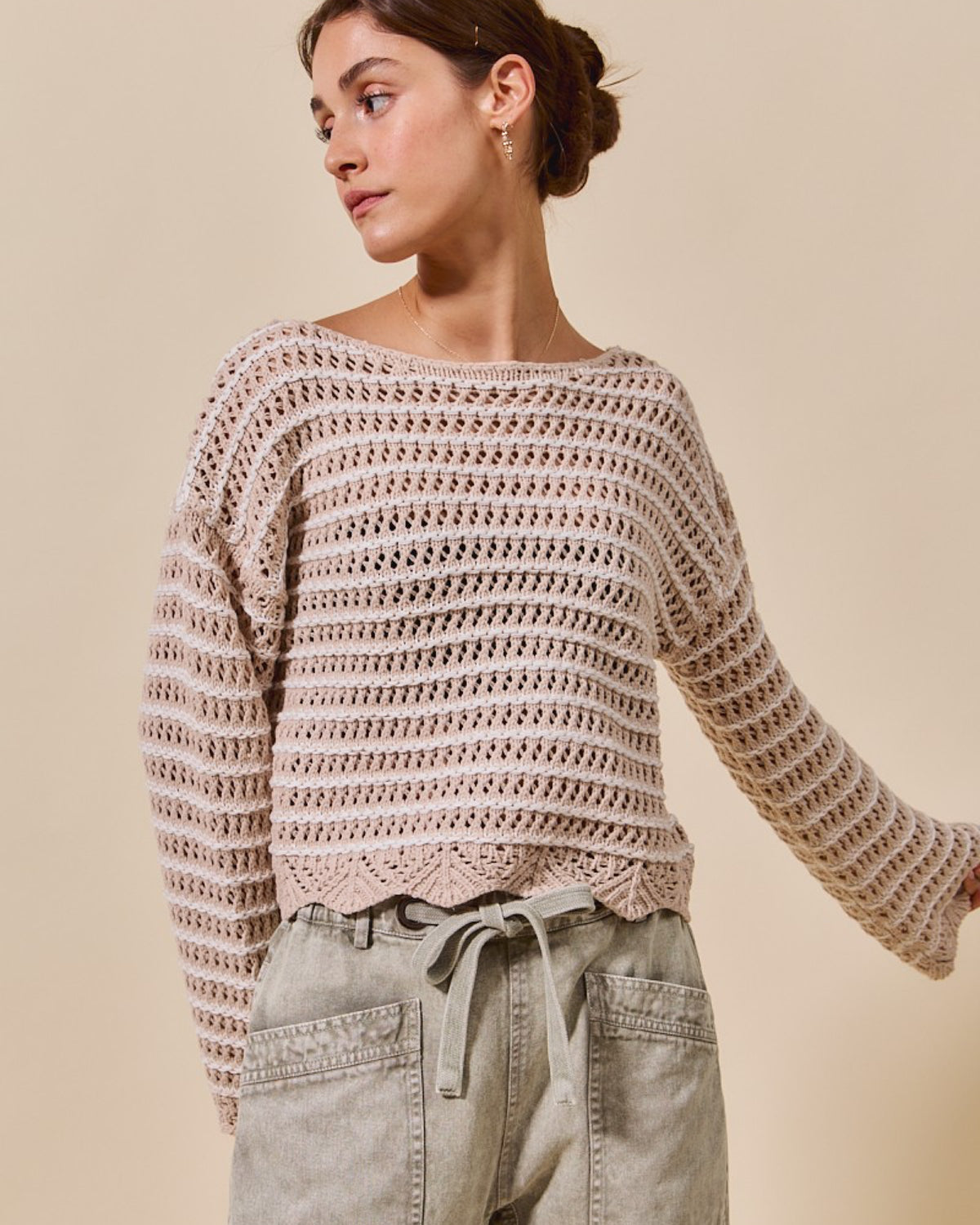 Textured Stripe Sweater W/ Scallop