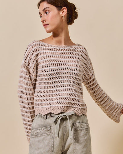 Textured Stripe Sweater W/ Scallop