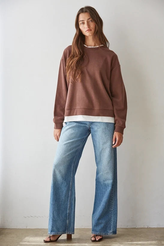 Always On Crew Twofer Pullover Knit: Chocolate