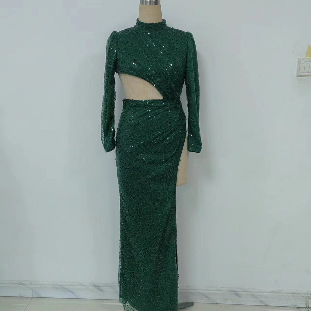 Frühjahr Sommer Damenbekleidung Irreguläres Asymmetrisches Sexy Pailletten Langarm Cocktailkleid Trailing Großer Saum