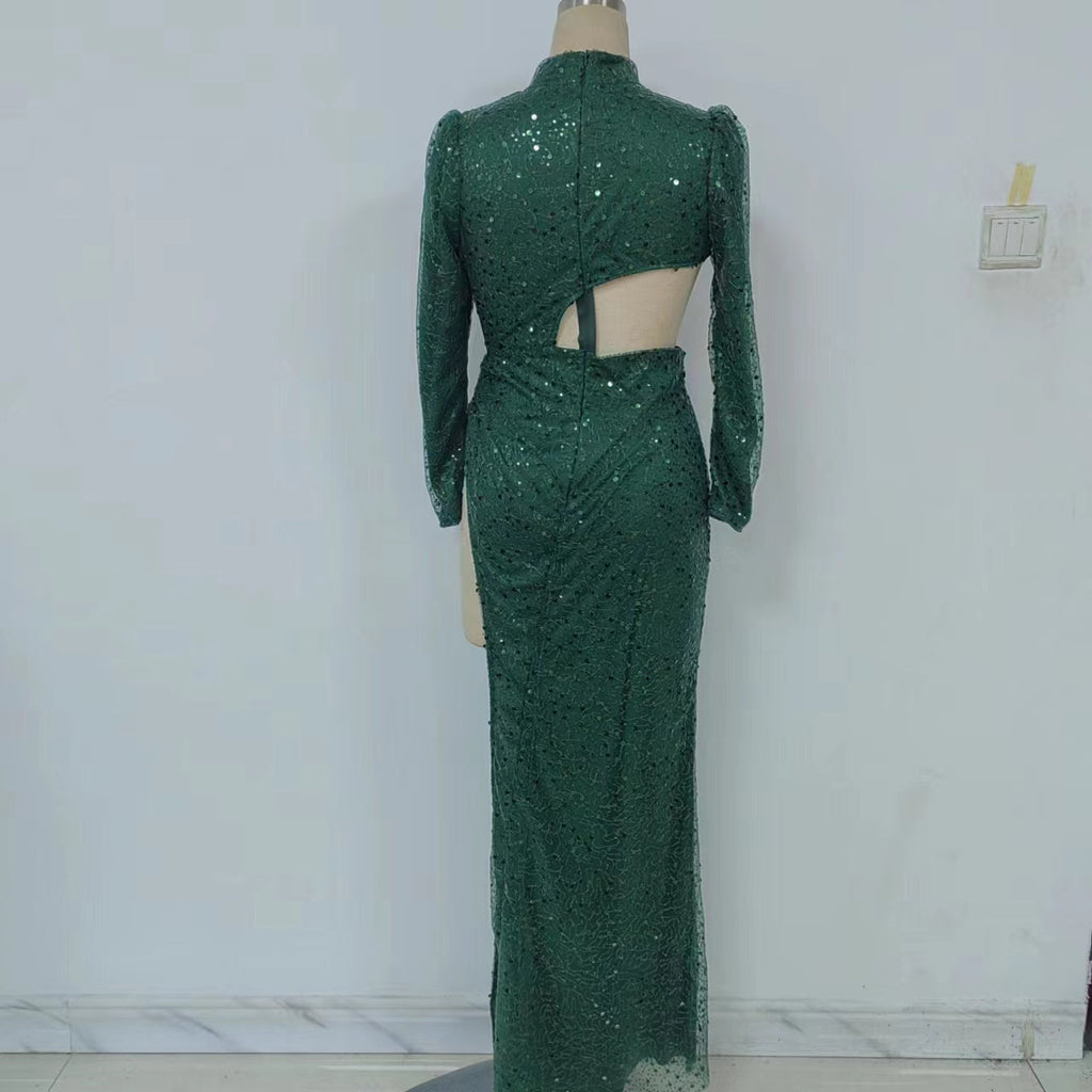 Frühjahr Sommer Damenbekleidung Irreguläres Asymmetrisches Sexy Pailletten Langarm Cocktailkleid Trailing Großer Saum