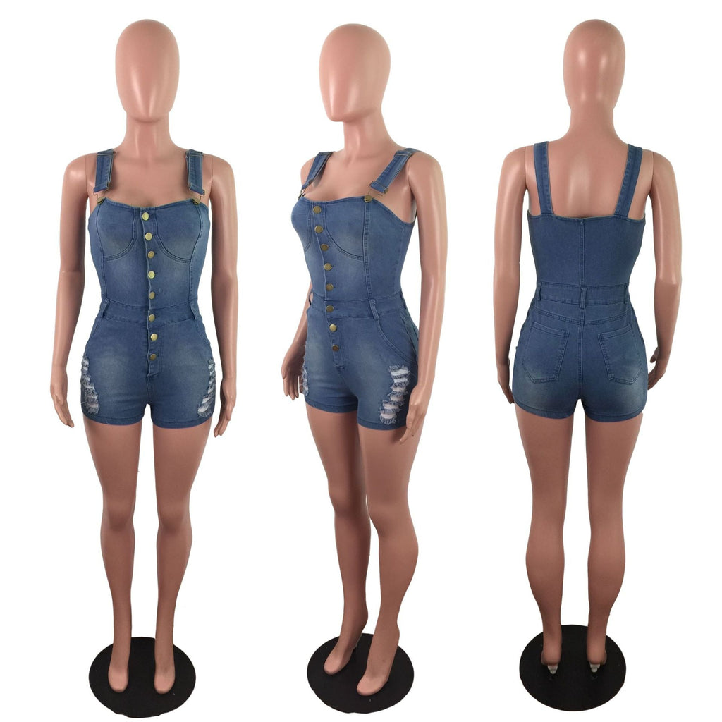 Denim Slim Fit Abnehmender Jumpsuit Spray White Ripped Jumpsuit Denim Shorts
