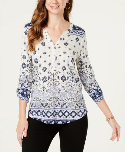 Style &amp; Co Petite Split Neck 3/4-Sleeve Printed Shirt Size PXL
