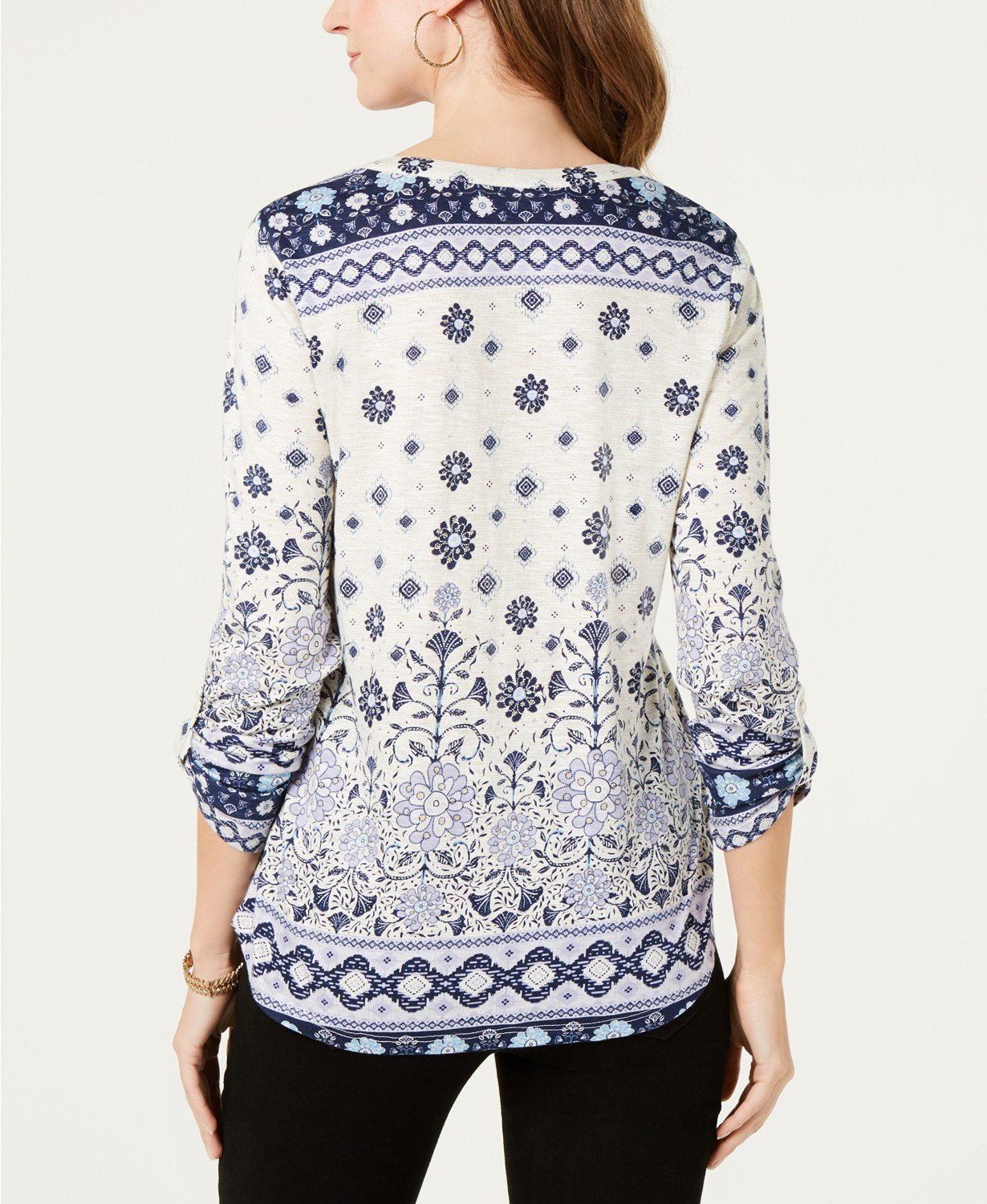 Style &amp; Co Petite Split Neck 3/4-Sleeve Printed Shirt Size PXL